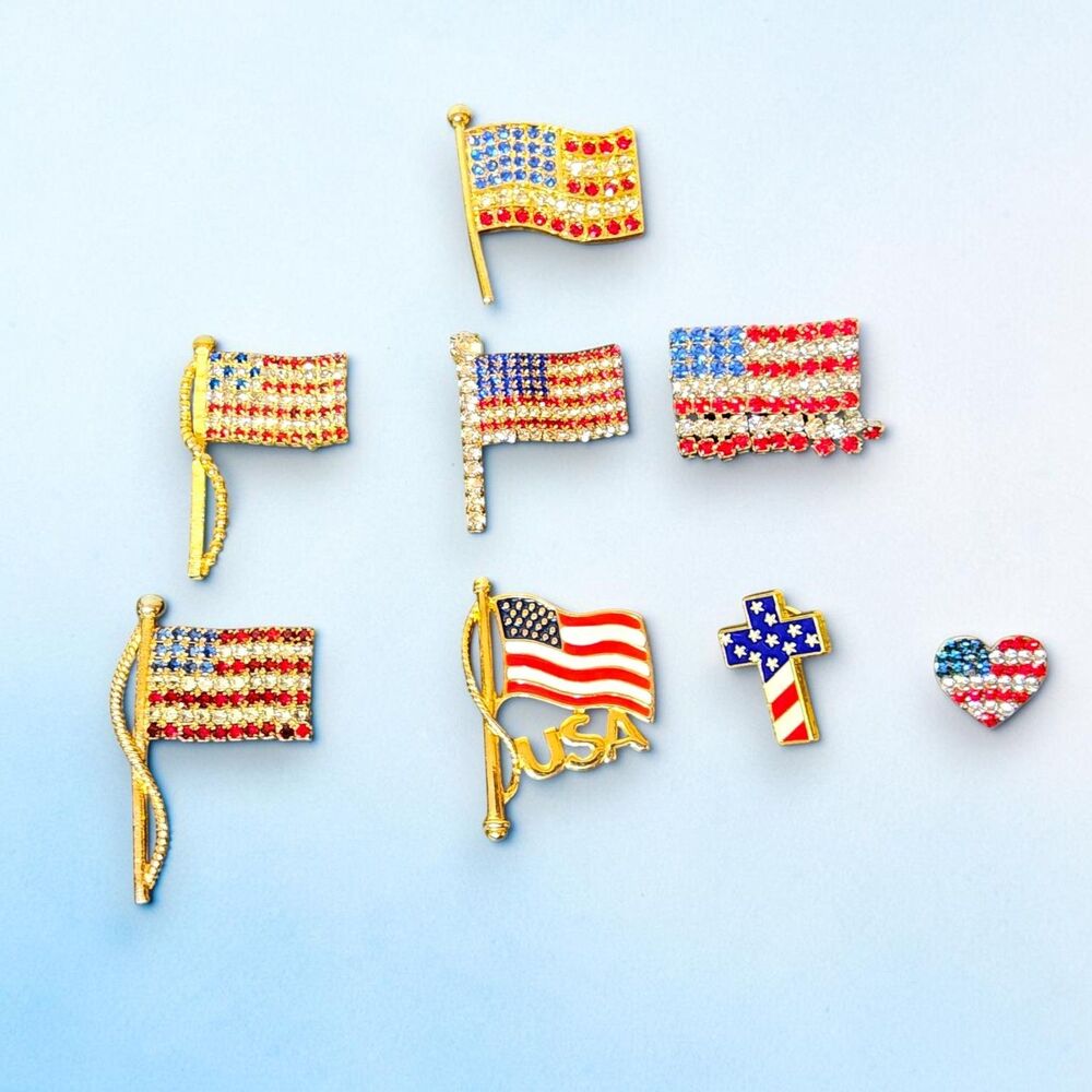 Lot 8 American Flag Pins Brooches USA Patriotic Rhinestone Heart Cross Unmarked